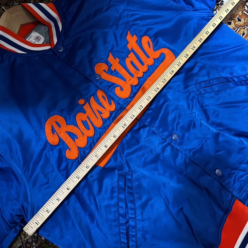 Vintage 80s Felco Boise State College Satin Bomber Jacket Blue Orange Mens Large - Picture 4 of 6
